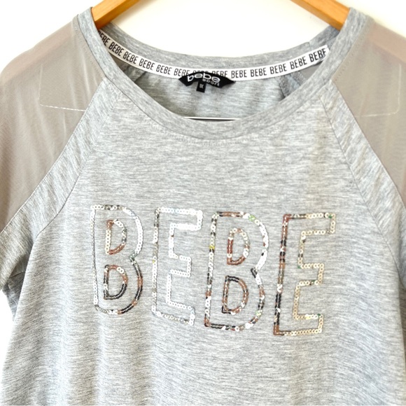 Bebe Sport Gray Sequin Logo Short Mesh Sleeves Womens 1X - Picture 3 of 10